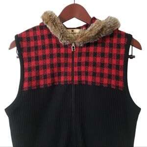 Woolrich Vest Womens L Lambswool Hooded Sweater Buffalo Check Plaid red/black